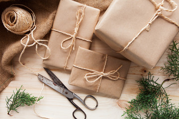 Christmas gift pack with rustic background