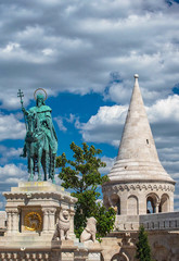 Fototapeta na wymiar Statue of Saint Stephen I in Front of Fisherman's Bastion, Budapest.