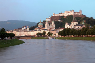 Salzburg, Austria -June 27, 2016: Panoramic view of Salzburg city, Austria, Europe. Summer day with evening sky