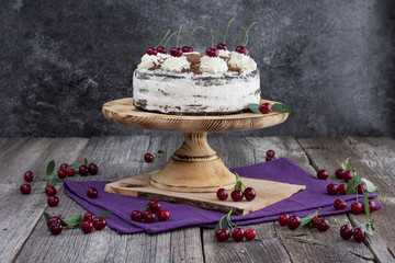 Black forest cake, or traditional austria schwarzwald cake from dark chocolate and sour cherries on...