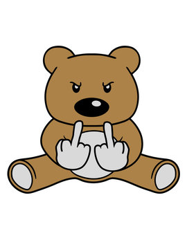 b&ouml;se gemein beleidigung wichser fuck you off mittelfinger zeigen b&auml;r s&uuml;&szlig; niedlich sitzen klein comic cartoon clipart design teddy grizzly grizzlyb&auml;r sitzend dick lustig