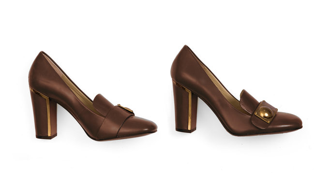 brown and gold block heel pumps with golden metallic elements