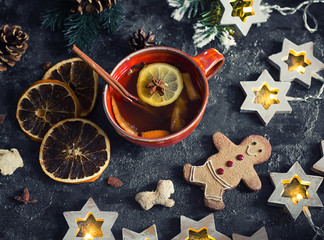 Christmas tea with spice and gingerbread cookie