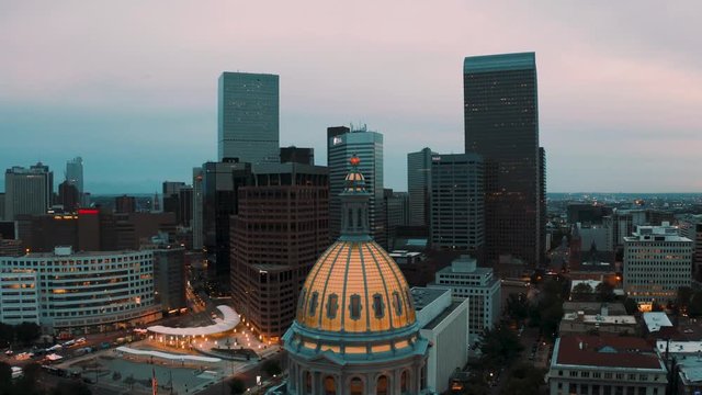 Aerial drone footage - Sunrise over the golden Colorado State Capital Building