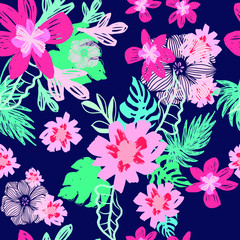 Beautiful Exotic Flowers and Leaves Pattern Vector  Illustration for Surface , Invitation , Notebook, Banner , Wrap Paper ,Textiles, Cover, Magazine ,Postcard Background ,Textile , Wallpaper, Fashion 