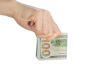 Woman hand holding dollars banknote on a white background isolate