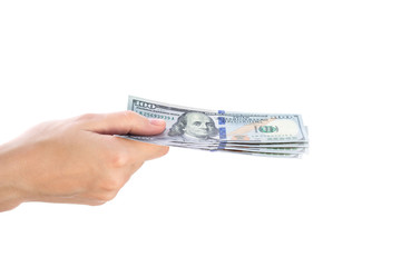 Woman hand holding dollars banknote on a white background isolate