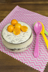 soy bean curd dessert with physalis and chia seeds