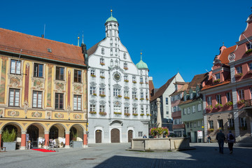 Fototapeta na wymiar City of Memmingen (Germany), Marktplaz (Market Square) with Town Hall (Rathaus). Memmingen is a town in Swabia, Bavaria, Germany. It is an economic, educational and administrative center