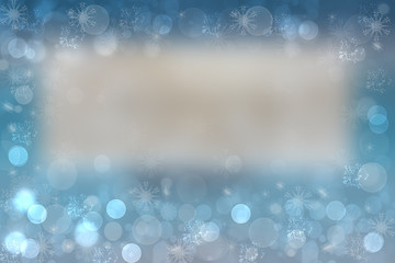 Happy New year texture. Abstract blurred blue background with bright brown frame. Space for design.