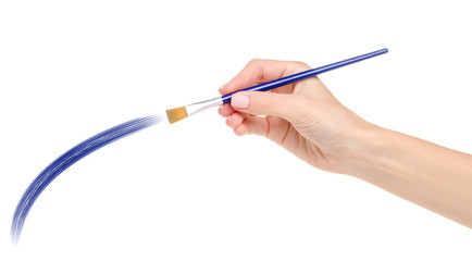 Paint brush blue paint in hand on white background isolation