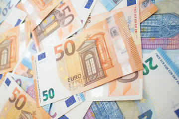 Close up of euro banknotes. Background of European Union currency