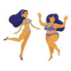 Two pretty happy women dancing in bikini - slim and plus size, body positive concept, flat vector illustration isolated on white background. Two different women dancing happily - slim and overweight