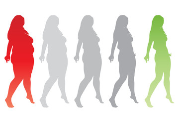 Conceptual fat overweight obese female vs slim fit healthy body after weight loss or diet with muscles thin young woman isolated. Fitness, nutrition or fatness obesity, health silhouette shape