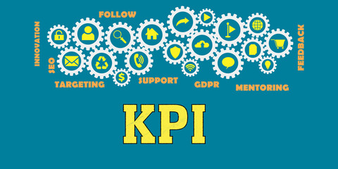 Fototapeta na wymiar KPI Panoramic Banner with Gears icons and tags, words. Hi tech concept. Modern style