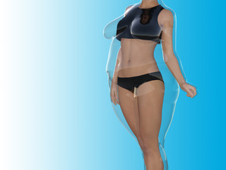 Conceptual fat overweight obese female vs slim fit healthy body after weight loss or diet with muscles thin young woman on blue. A fitness, nutrition or fatness obesity, health shape 3D illustration