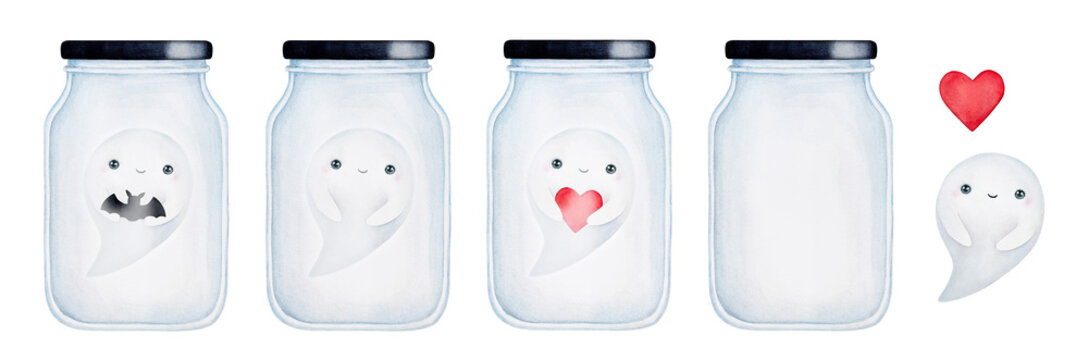Collection of little flying baby ghost face, transparent glass jar and red love heart. Hand drawn watercolour graphic drawing on white, cutout clip art elements for print, invitations, banners, cards.