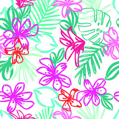 Pop Art Abstract Shapes and Flowers Hand Drawn Seamless Pattern  Beautiful Pattern Background . Hipster Stylish Pattern ,Trendy Fantasy Freehand Brush Strokes Composition