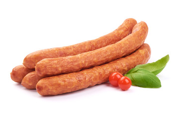 Landjager Dried German Sausages with basil leaves, isolated on a white background. Close-up.