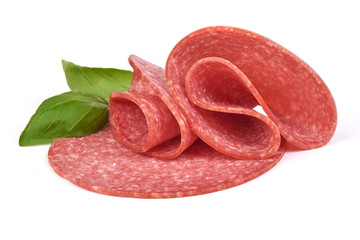 Finnish or German smoked sausage slices. Isolated on a white background. Close-up.