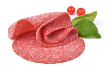 Smoked Italian sausage with basil leaves and Physalia berry. Isolated on a white background, Close-up.