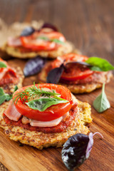 Paleo mini pizza with cauliflower crust and ham