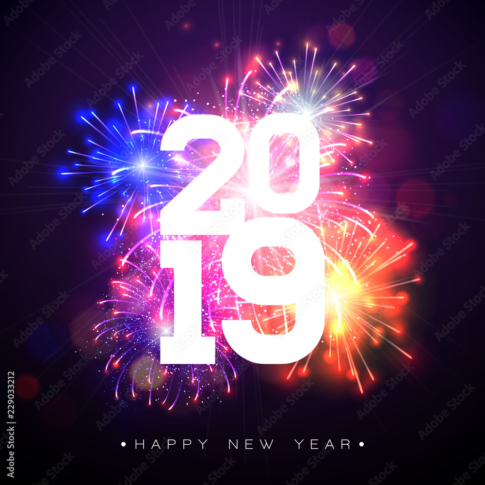 Wall mural 2019 happy new year illustration with fireworks and number on dark background. holiday design for fl