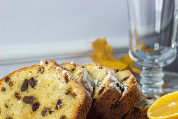 Slices of homemade raisin cake. Raisin bread cake. Breakfast concept. Rustic style.