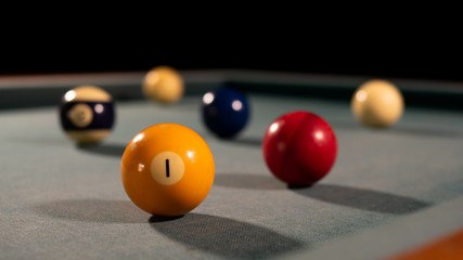 Billiard table with red, yellow and white pool balls