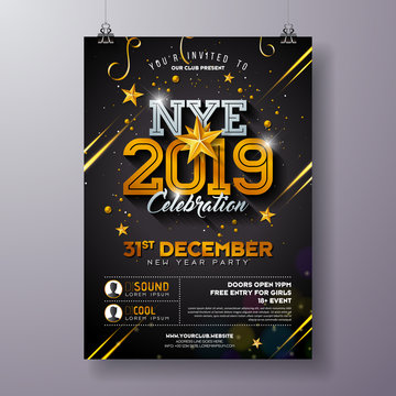 2019 New Year Party Celebration Poster Template Illustration with Shiny Gold Number on Black Background. Vector Holiday Premium Invitation Flyer or Promo Banner.