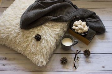 Autumn background.Cup of milk, fluffy pillow,  scarf, eyeglasses, books, cookies and cones on wooden background.