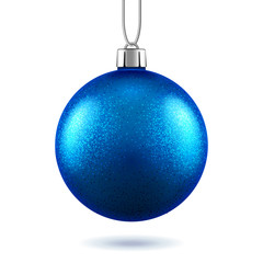 3d blue ball for 2019 new year or glittering christmas realistic toy, scintillation bauble with shadow or shiny sphere for winter holidays. Xmas tree decoration. Festive and celebration, greeting card