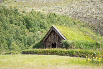 Fototapeta na wymiar Kapelle - Stöng und das Saga-Age-Farmhouse im Þjórsárdalur-Valley /Süd-Island