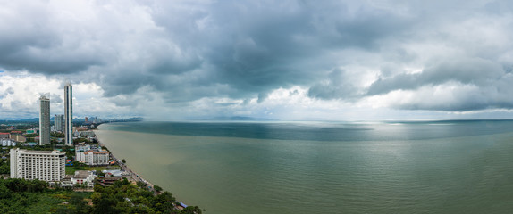 Panorama View of South Jomtian Beach in the day of Raining 