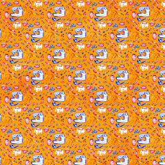 Seamless texture with cranberry and sewing accessories on a yellow background. Use as a pattern fill, backdrop