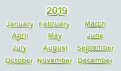 Obraz premium Paper stickers in green with the names of the months and the text 2019. For Christmas cards, calendars, backgrounds and other designs.