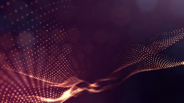 abstract golden red looped background of glowing particles like Chrisrmas garland. Dark composition with oscillating luminous particles that form surface. Smooth animation looped. 3
