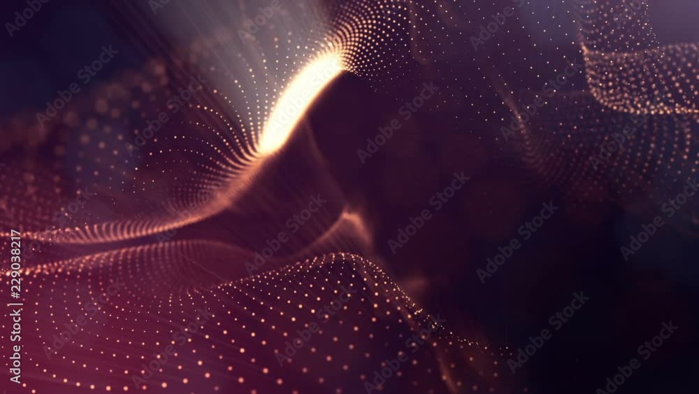 Poster abstract golden red looped background of glowing particles like chrisrmas garland. dark composition 