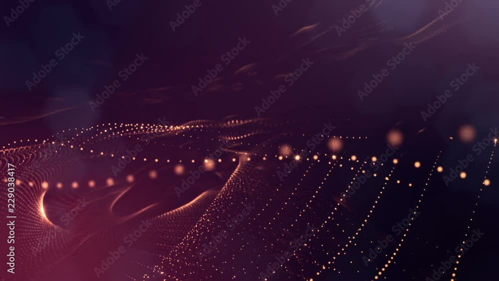 Poster abstract golden red looped background of glowing particles like chrisrmas garland. dark composition 
