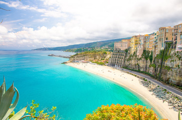 Tropea town colorful stone buildings on top of cliff, Calabria, Italy