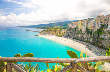 Tropea town colorful stone buildings on top of cliff, Calabria, Italy - obrazy, fototapety, plakaty