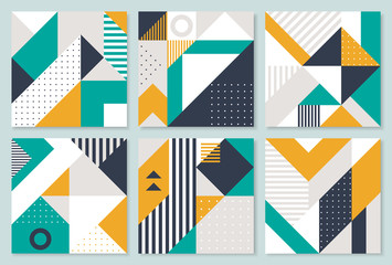 Set of 6 Placard with geometric bauhaus shapes. Retro abstract backgrounds. Vector template for Covers, Voucher, Posters, Flyers and Banners. - 229038639