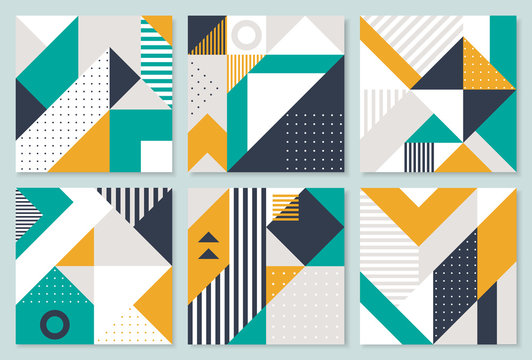 Set of 6 Placard with geometric bauhaus shapes. Retro abstract backgrounds. Vector template for Covers, Voucher, Posters, Flyers and Banners.