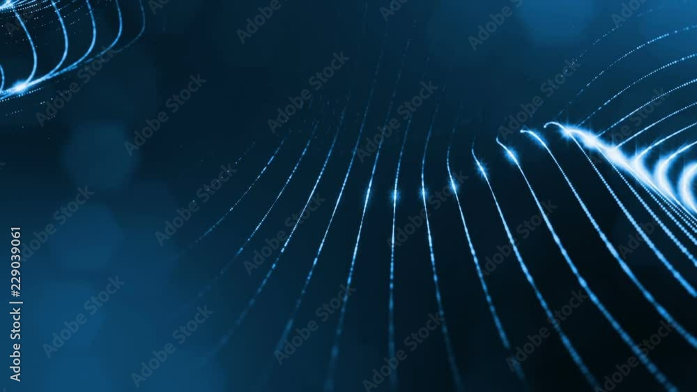 Poster abstract blue looped background of glowing particles like chrisrmas garland. dark composition with o