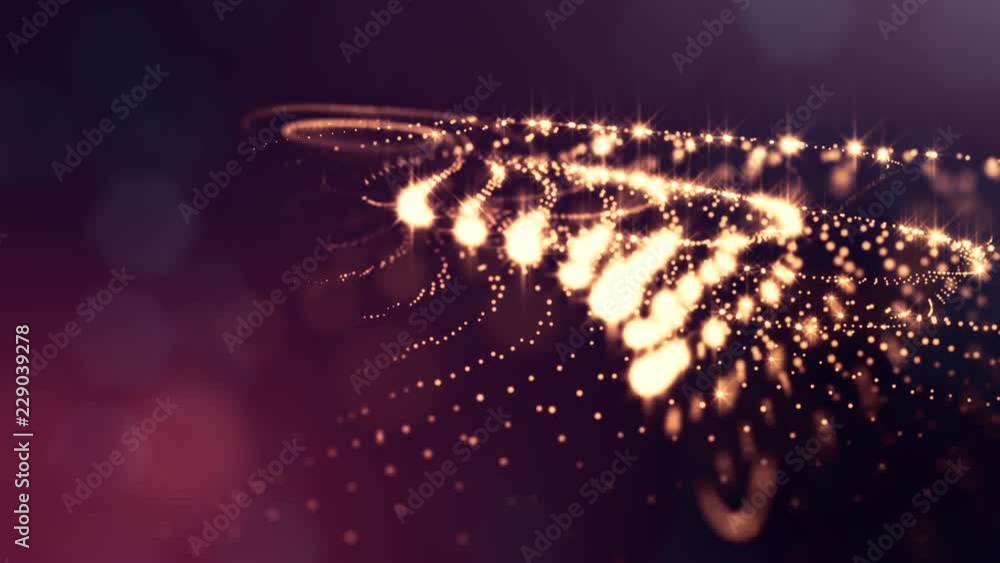 Poster abstract golden red looped background of glowing particles like chrisrmas garland. dark composition 