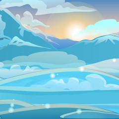 Obraz na płótnie Canvas Sunrise in the snowy mountains. Sketch for Christmas and New year greeting card, festive poster or party invitations. Vector illustration.