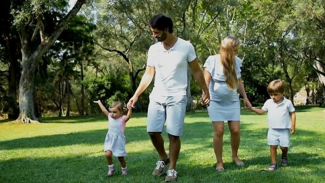Smiling father, pregnant mother and kids holding hands and walking on grass in slow motion. Happy family with daughter and son walking on green lawn with sunlight. Family concept