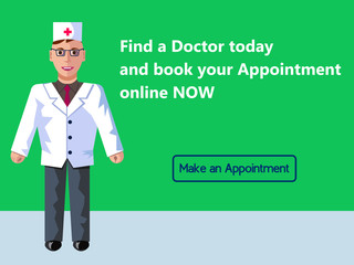 Online medicine. Doctor's appointment. Web banner design consept. Vector flat illustration with green background.