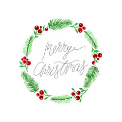 Merry Christmas Greeting Card. Watercolor Christmas Wreath with fir twig and winter berries decoration. Xmas frame