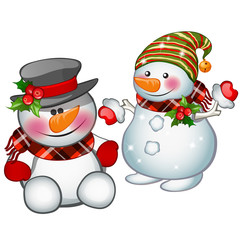 Two smiling snowman wearing a striped cap and tophat. Sketch for greeting card, festive poster or party invitations.The attributes of Christmas and New year. Vector illustration.